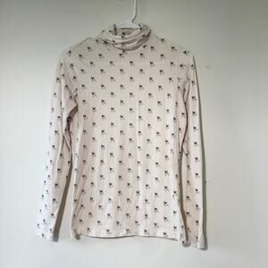 Lands End French Bulldog Print Fitted Turtleneck Top Cream Long Sleeve Size XS